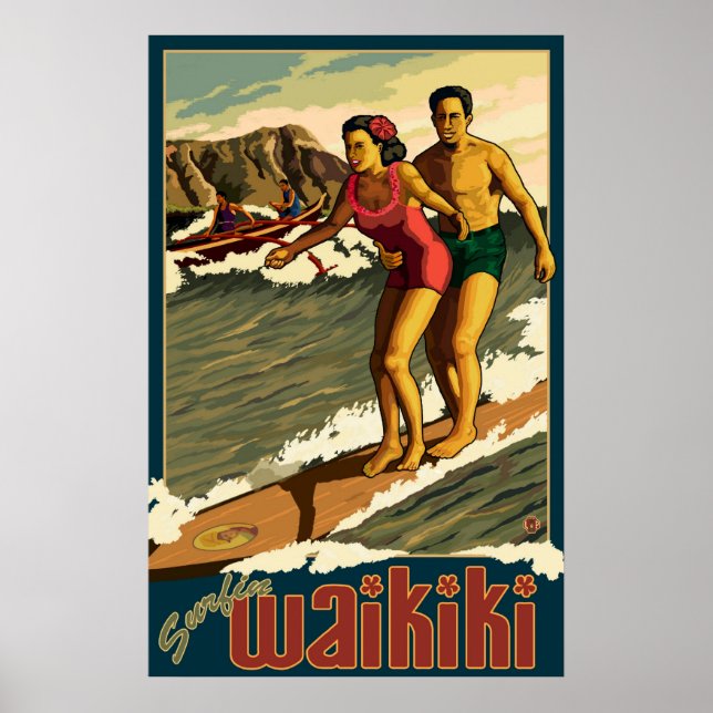 Surfing Waikiki - Honolulu, Hawaii Travel Poster (Framsidan)
