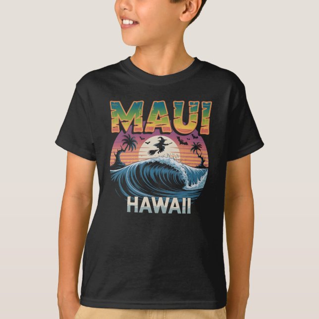 Surfing Witch på Broom Maui Hawaii Halloween T Shirt (Framsida)