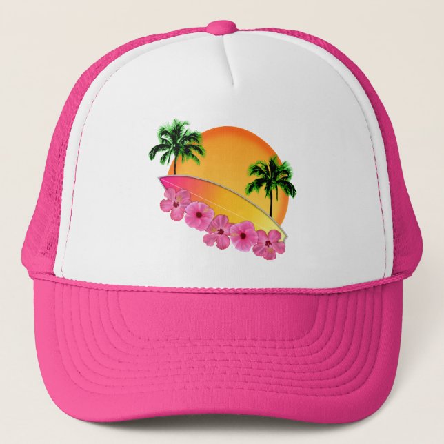 Surfingbräda- och hibiskusblommor truckerkeps (Framsida)