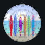 Surfingbrädastrandpilen stiger ombord piltavla<br><div class="desc">Surfingbrädor sätter på land pilen stiger ombord särdrag en strandbakgrund med sanden, hav och himmel, 6 colorfully dekorerade surfingbrädor. Perfekt gåva för surfare i ditt liv. Inkluderar 6 mässingspilar (3 amerikanska flagganpilflyg och 3 UK-pilflyg). Regleringsformatet stiger ombord (18" diametern, 1" tjockt). Avslutat med den aluminum ramen och den hängande kroken....</div>