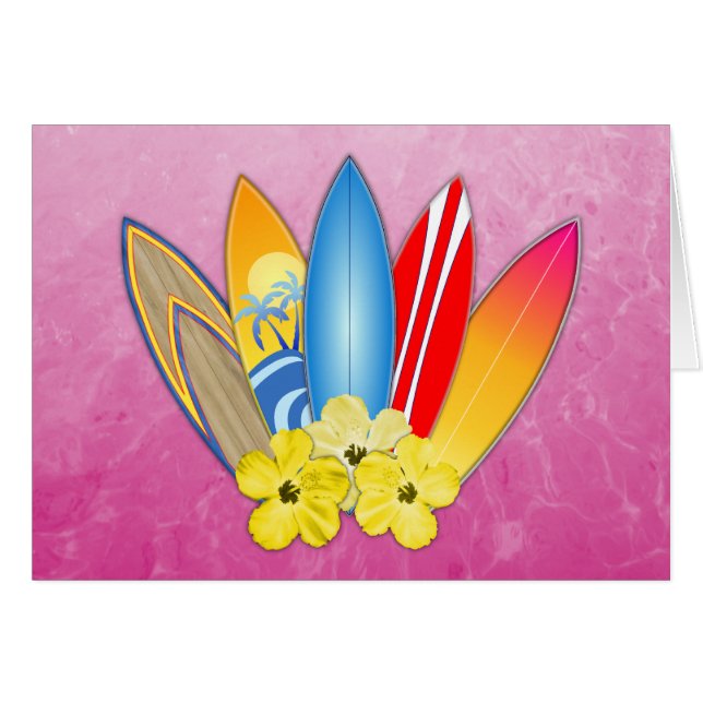 Surfingbrädor och hibiskus hälsningskort (Framsidan Horizontal)