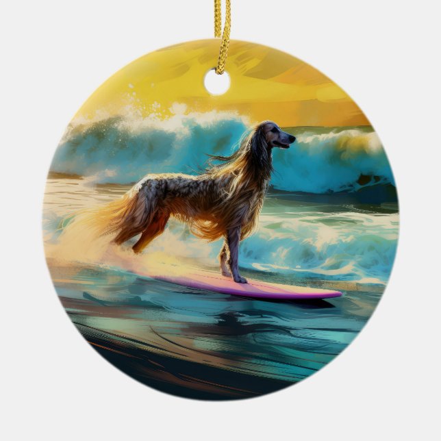 Surfning av afghansk hound Beach-färg Julgransprydnad Keramik (Framsidan)