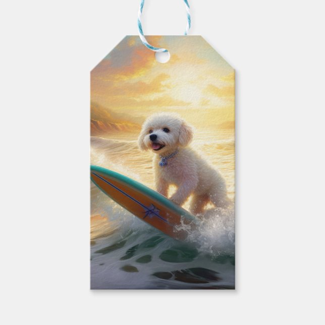Surfning av bichon Frise Beach-färg Presentetikett (Framsidan)