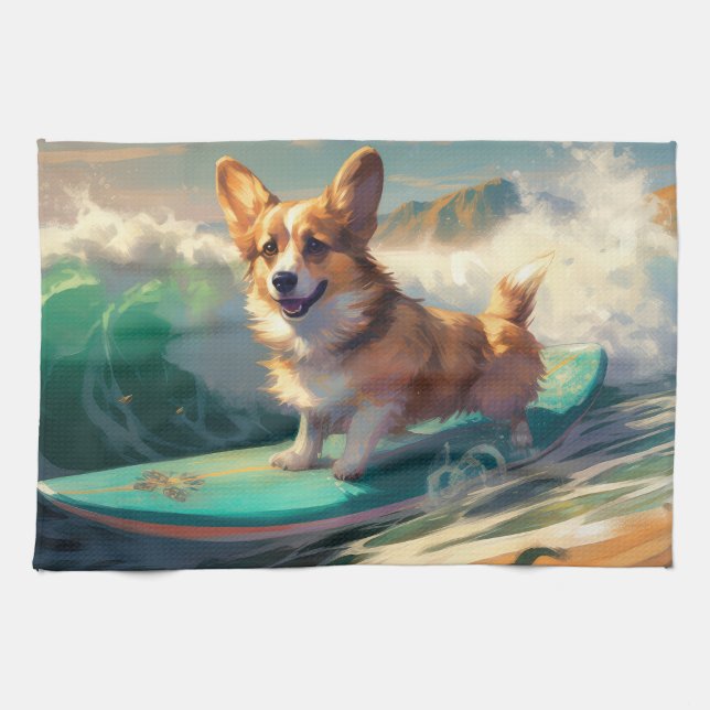 Surfning av Corgi Beach-färg Kökshandduk (Horisontell)