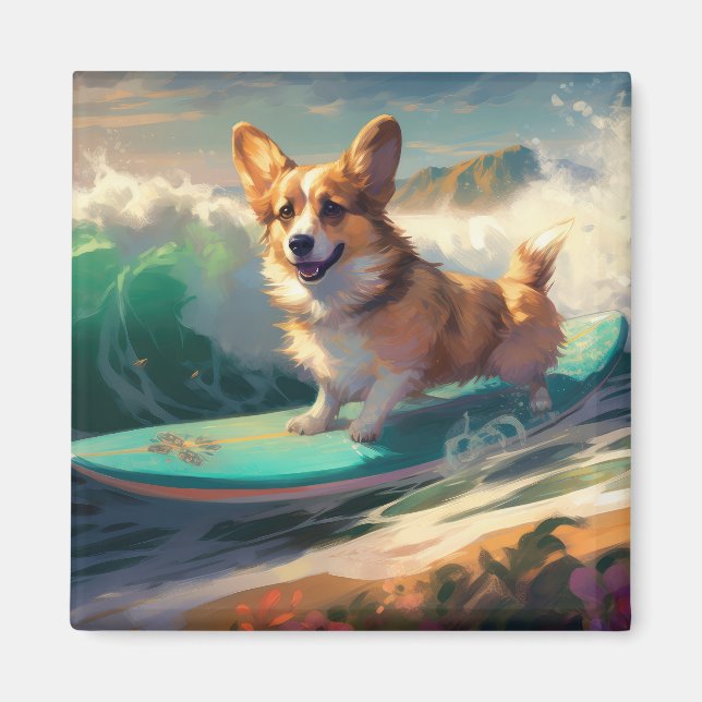 Surfning av Corgi Beach-färg Magnet (Framsidan)