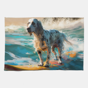 Surfning av engelska Setter Beach Painting Kökshandduk