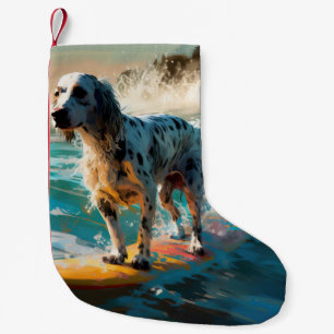 Surfning av engelska Setter Beach Painting Liten Julstrumpa