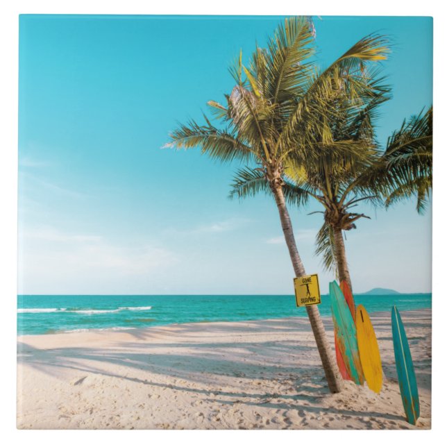 Surfor på stranden dekorativ kudde kakelplatta (Framsidan)