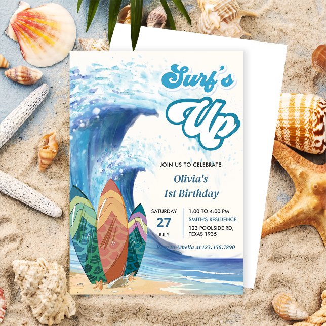 Surfs up Beach 1:a födelsedagsinbjudan Inbjudningar (Skapare uppladdad)