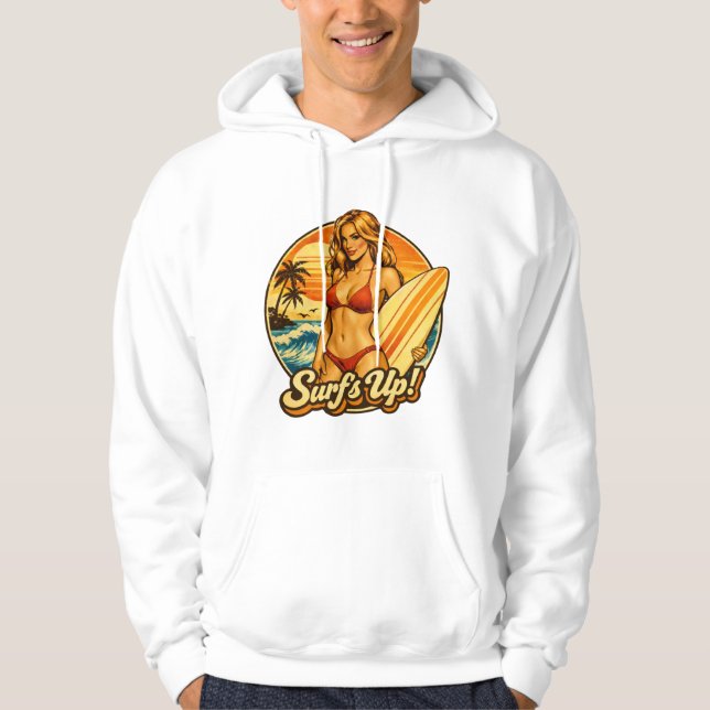 Surf's Up Bikini Pin-Up | Retro Surf Shop Graphic Hoodie (Framsida)