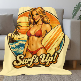 Surf's Up Bikini Pin-Up | Retro Surfbutik Grafik Fleecefilt