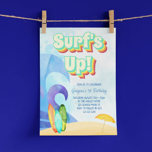 Surf's Up Retro Strand Första Födelsedag Inbjudningar