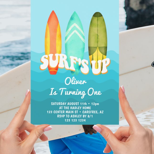 Surfs Up Surfboard Kids 1-årsdag Inbjudningar (Skapare uppladdad)