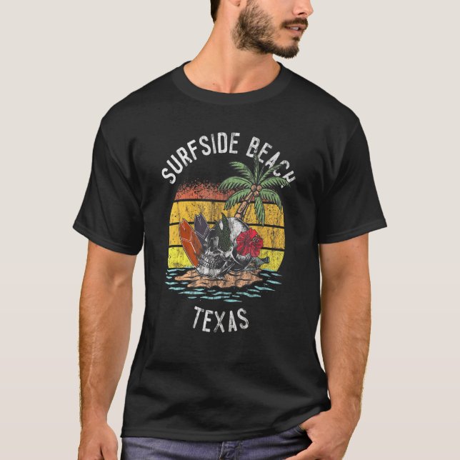 Surfside Beach Texas Handflatan Skull Surfa Sunset T Shirt (Framsida)