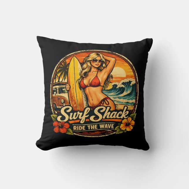 Surfstuga Surfare Pin-Up | Rid På Vågorna Strand Kudde (Framsida)