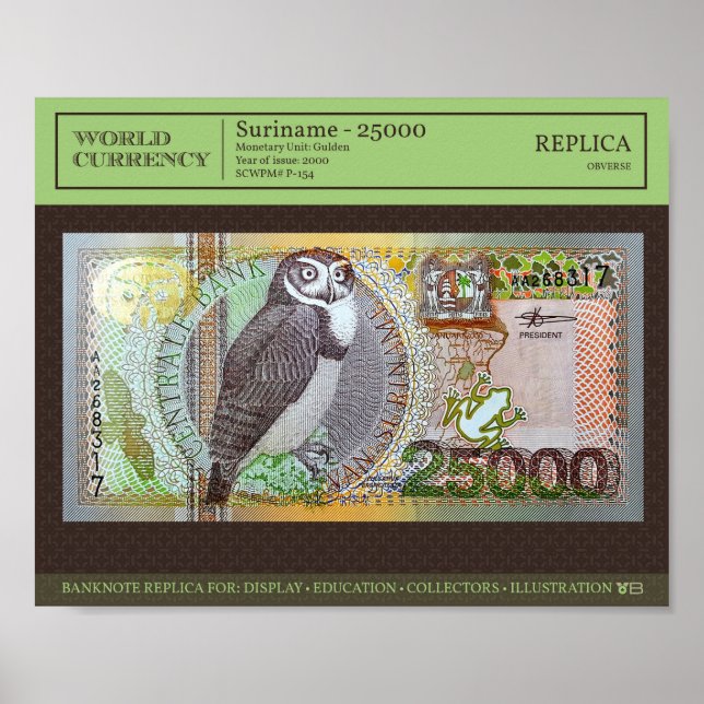 Surinam 25 000 Gulden sedelreplik 10x8 foto Poster (Framsidan)