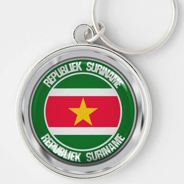 Surinam Round Emblem Rund Silverfärgad Nyckelring (Framsidan)