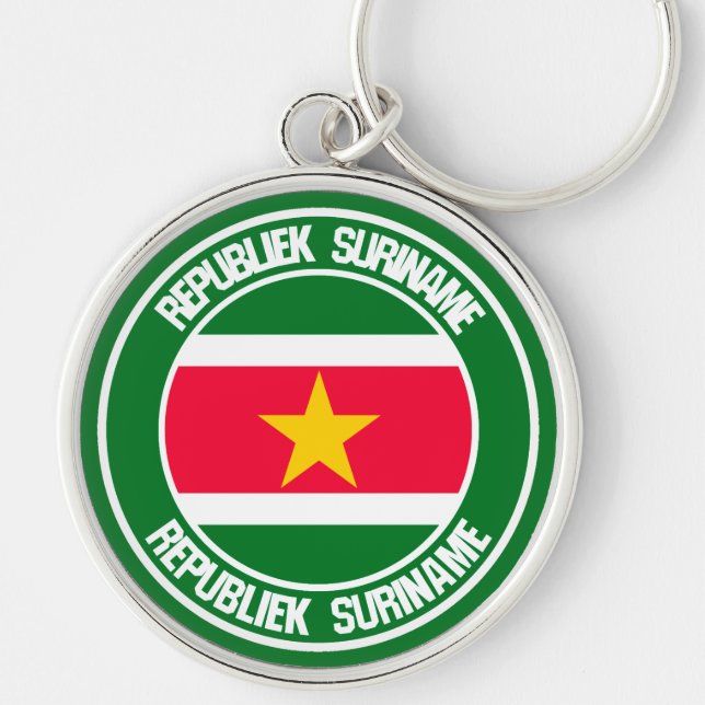 Surinam Round Emblem Rund Silverfärgad Nyckelring (Framsidan)