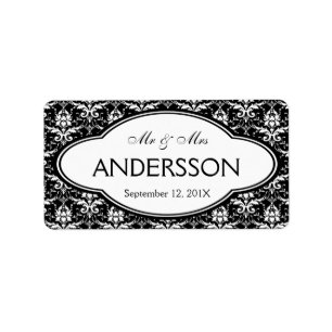 Surname Bold Black White Elegant Damask Adressetikett