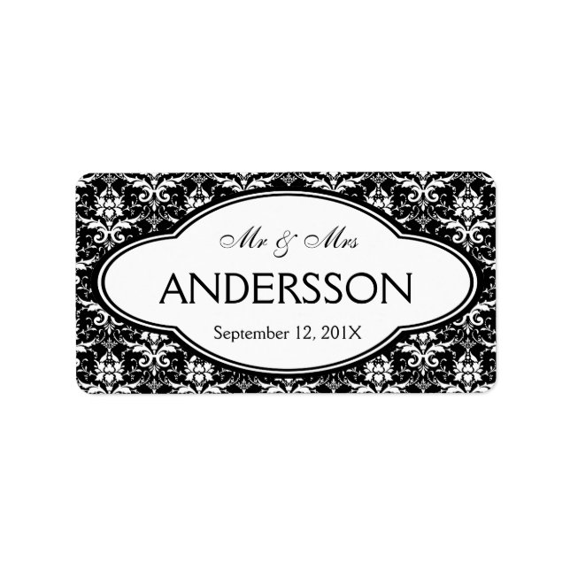 Surname Bold Black White Elegant Damask Adressetikett (Framsidan)