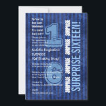 SURPRISE 16th Modern Birthday Blue Rand W554 Inbjudningar<br><div class="desc">Den här moderna blå rand-designen är en elegant och ett trendig för att inbjudan dina gäster till en SURPRISE 16:e födelsedagsfest. All text är helt anpassade. Du kan ändra färg för ett annat utseende. Den här designen är utformad på en miljövänlig, vit, återvunnen papper. Jag rekommenderar också den metalliska islagsmodellen,...</div>