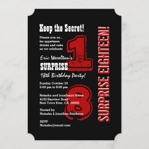 SURPRISE 18th Modern Birthday Red Black White A01 Inbjudningar