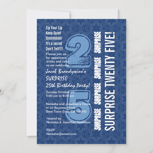 SURPRISE 25:e födelsedagen Modern Blue och White W Inbjudningar (Framsida)
