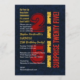 SURPRISE 25th Modern Birthday Red Guld Blue W542 Inbjudningar