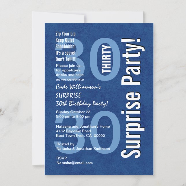 SURPRISE 30års födelsedag Modern Royal Blue Grunge Inbjudningar (Framsida)