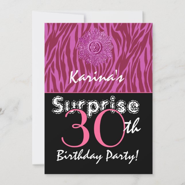 SURPRISE 30års födelsedag Rosa och Vin Zebra G400 Inbjudningar (Framsida)