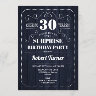 Surprise 30års födelsedag - Rustic Navy Wood Inbjudningar