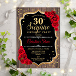 Surprise 30års födelsedag - Rustic Wood Röd ros Inbjudningar<br><div class="desc">Överraskad inbjudan till 30års födelsedag. Feminin,  svart,  vit,  röd design med faux glitter guld. Har trä,  mönster,  röd ros,  skriptteckensnitt och konetti. Perfekt för ett elegant födelsedagsfest. Kan vara personlig att visa vilken ålder som helst. Berätta om du behöver anpassa dig ytterligare.</div>