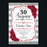 Surprise 30års födelsedag - Silver White Red Inbjudningar<br><div class="desc">Överraskad inbjudan till 30års födelsedag. Feminin vit,  röd design med faux glitter silver. Funktioner rand,  röd ros,  typsnitt för skript och confietti. Perfekt för ett elegant födelsedagsfest. Kan vara personlig att visa vilken ålder som helst. Berätta om du behöver anpassa dig ytterligare.</div>