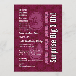 SURPRISE 30th Modern Birthday Maroon Big 3 Oh Inbjudningar