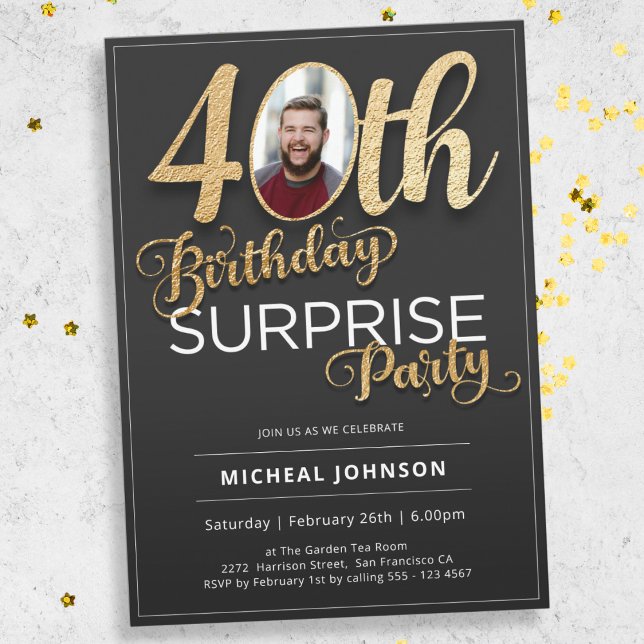 Surprise 40:e födelsedag med svart Anpassningsbar  Inbjudningar (Mockup View)