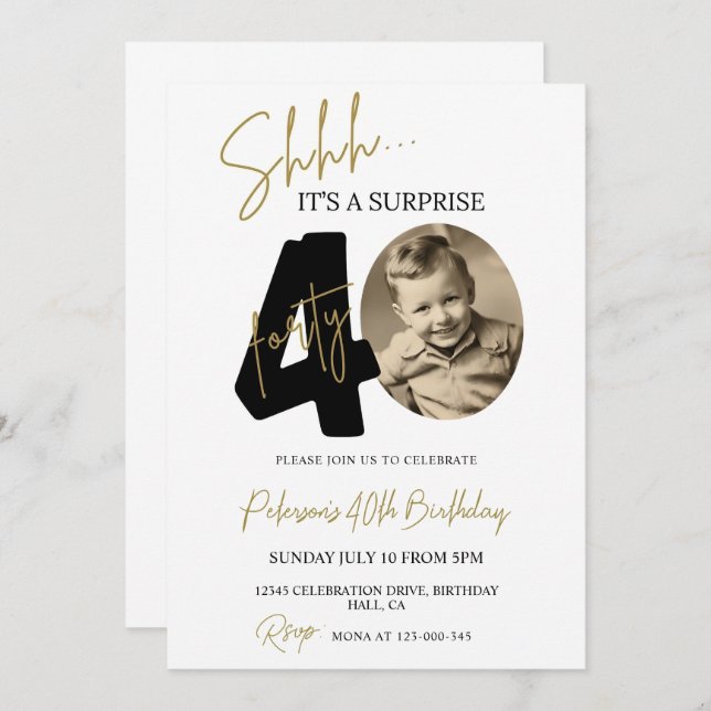 Surprise 40:e födelsedagardagen Foto Vuxen Bday Inbjudningar (Fram/baksida)