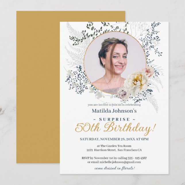 Surprise 50:e födelsedag - delikat Blommigt Ro fot Inbjudningar (Fram/baksida)