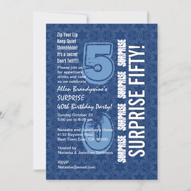 SURPRISE 50:e födelsedagen Modern Blue och White F Inbjudningar (Framsida)