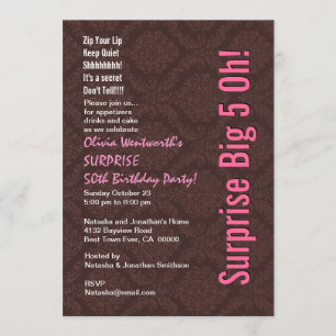 SURPRISE 50:e födelsedagen Modern choklad och Rosa Inbjudningar