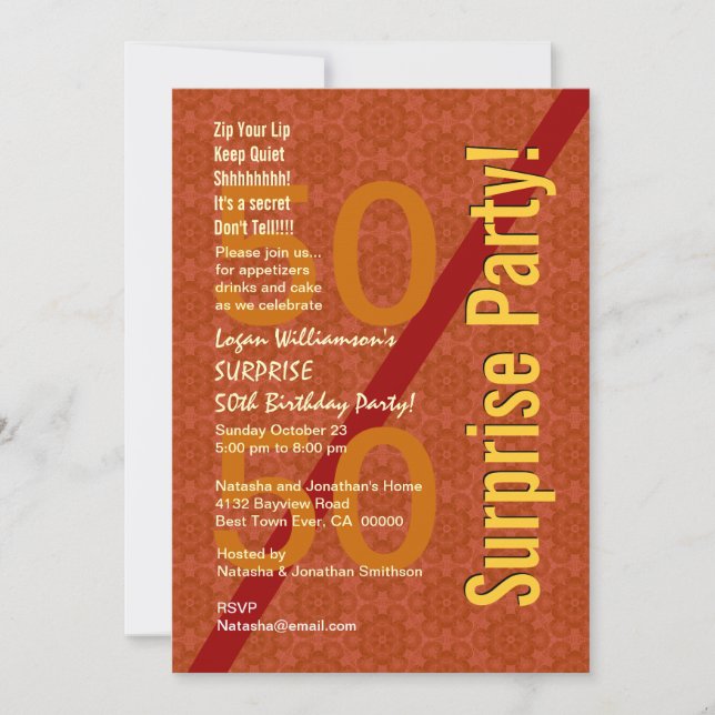 SURPRISE 50:e födelsedagstraditionen Orange Guld G Inbjudningar (Framsida)