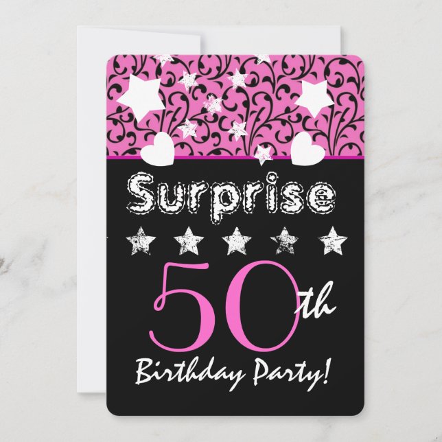 SURPRISE 50:e Rosan Swirls Hearts Stars Inbjudningar (Framsida)