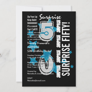 SURPRISE 50th Modern Birthday Blue Stars W1758 Inbjudningar