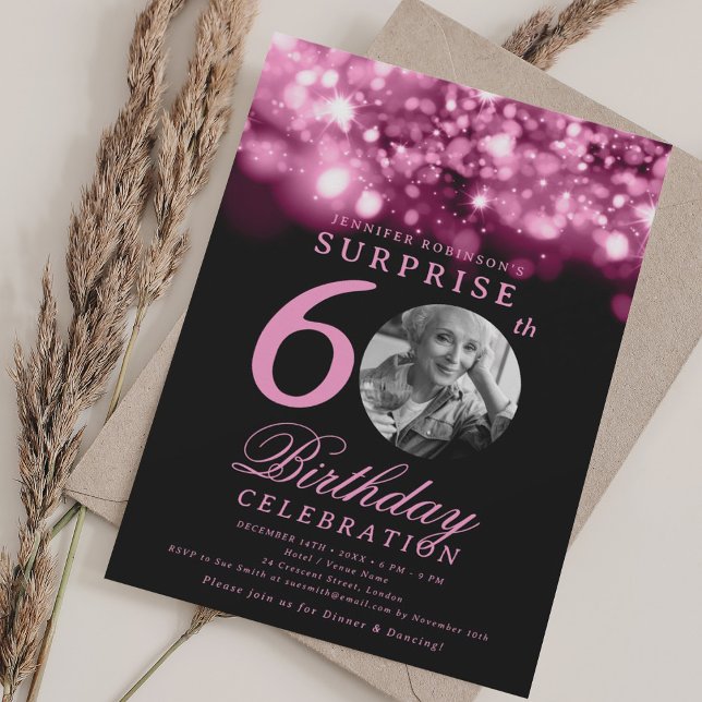 SURPRISE 60:e födelsedagen Shock rosa Midnight Gla Inbjudningar (SURPRISE 60th Birthday Hot Pink Midnight Glam Invitation)
