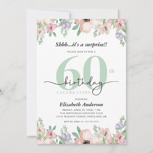 Surprise 60th Birthday Party Elegant Pastel Floral Inbjudningar (Framsida)