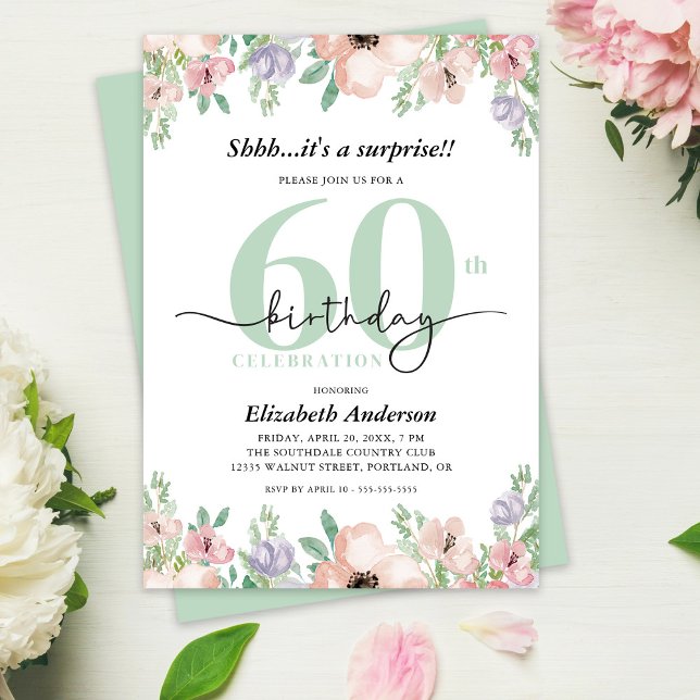 Surprise 60th Birthday Party Elegant Pastel Floral Inbjudningar (Skapare uppladdad)