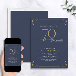 Surprise 70 & Fabulous Blue White & Guld Birthday Inbjudningar