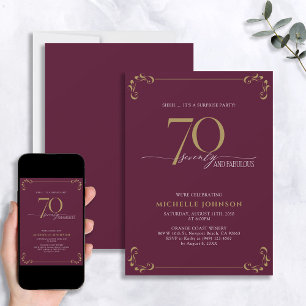Surprise 70 & Fabulous Burgundy & Guld Birthday Inbjudningar