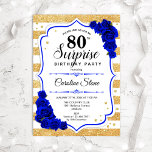 Surprise 80th Birthday - Gold White Royal Blue Inbjudningar<br><div class="desc">Surprise 80th Birthday Invitation.
Feminine white,  royal blue design with faux glitter gold. Features stripes,  sapphire blue roses,  script font and confetti. Perfect for an elegant birthday party. Can be personalized to show any age. Message me if you need further customization.</div>