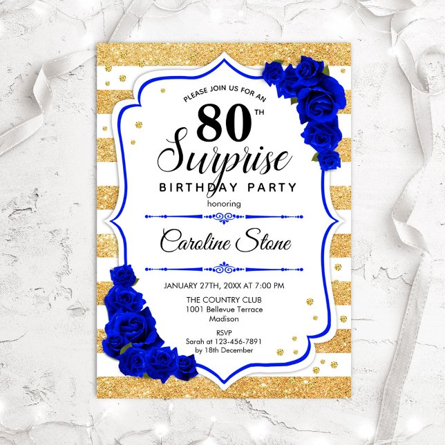 Surprise 80th Birthday - Gold White Royal Blue Inbjudningar (Skapare uppladdad)