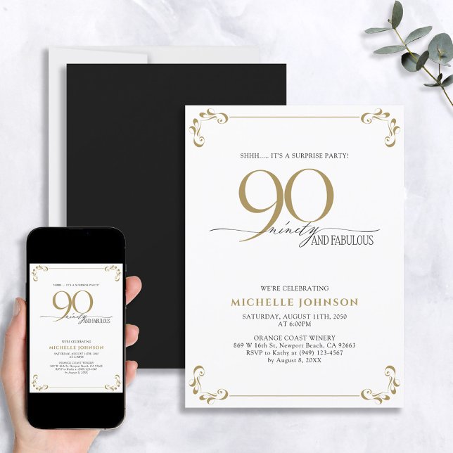Surprise 90 & Fabulous Black & Guld Birthday Invit Inbjudningar (Skapare uppladdad)